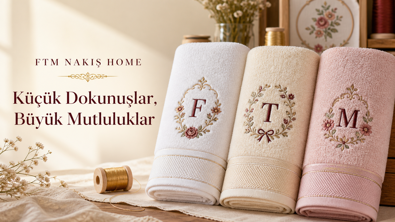 FTM Nakış Home F, T ve M harfleri işlenmiş beyaz, ekru ve pembe havlular